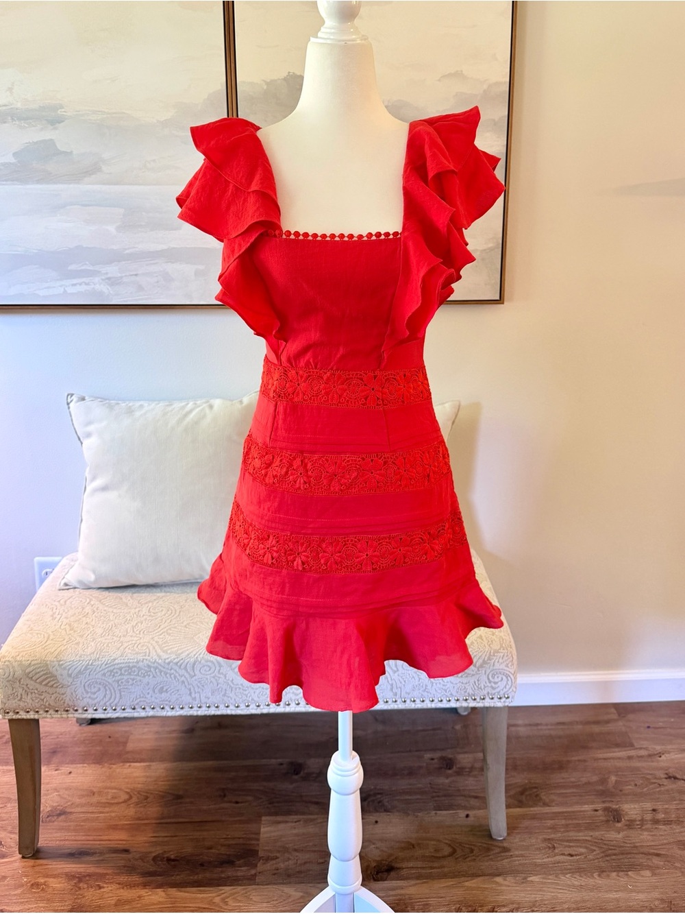Saints + Secrets Red Ruffle Lace Detailing Mini Dress | Small